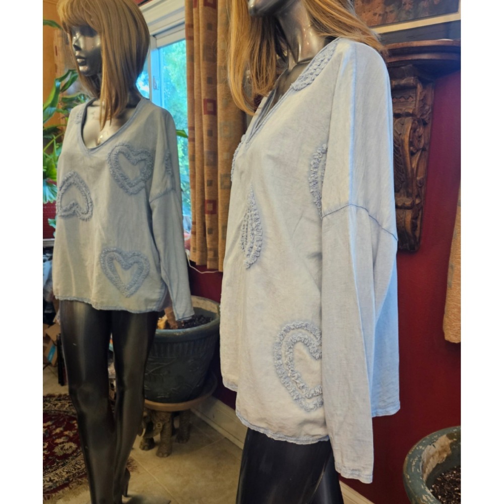 Made in Italy 100% Cotton Heart‎ Appliqué Lagenlook Oversized Boho Top Size O/S